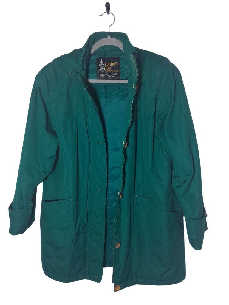 London Fog Womens Green Hooded Jacket Size 10 Reg With Button & Zippered Front C